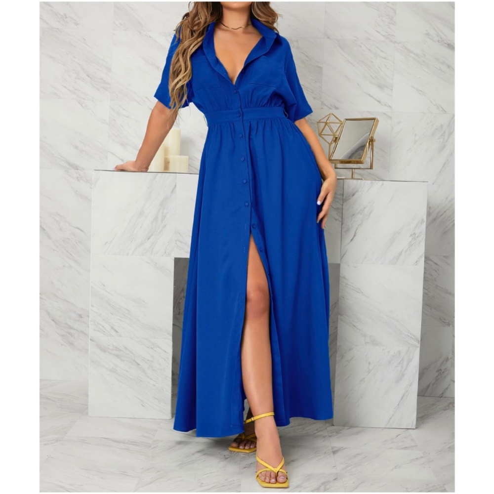 Boho Royal Blue Button up Oversized Maxi Dress - Picture 1 of 3